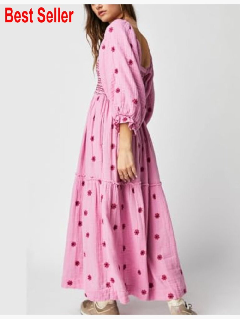 Floral Embroidered Maxi Dress Long Puff Sleeve Square Neck Bohemian Flowy - Picture 3 of 4